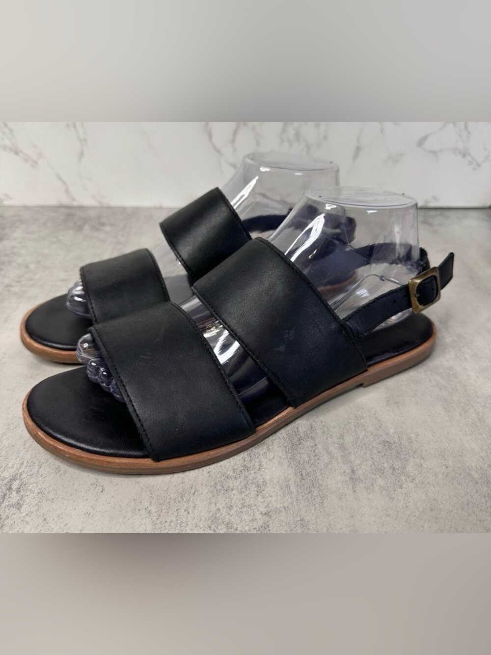 Patina Flats WMNS US8 Black Flats Slingback Open Toe Leather Buckle Work